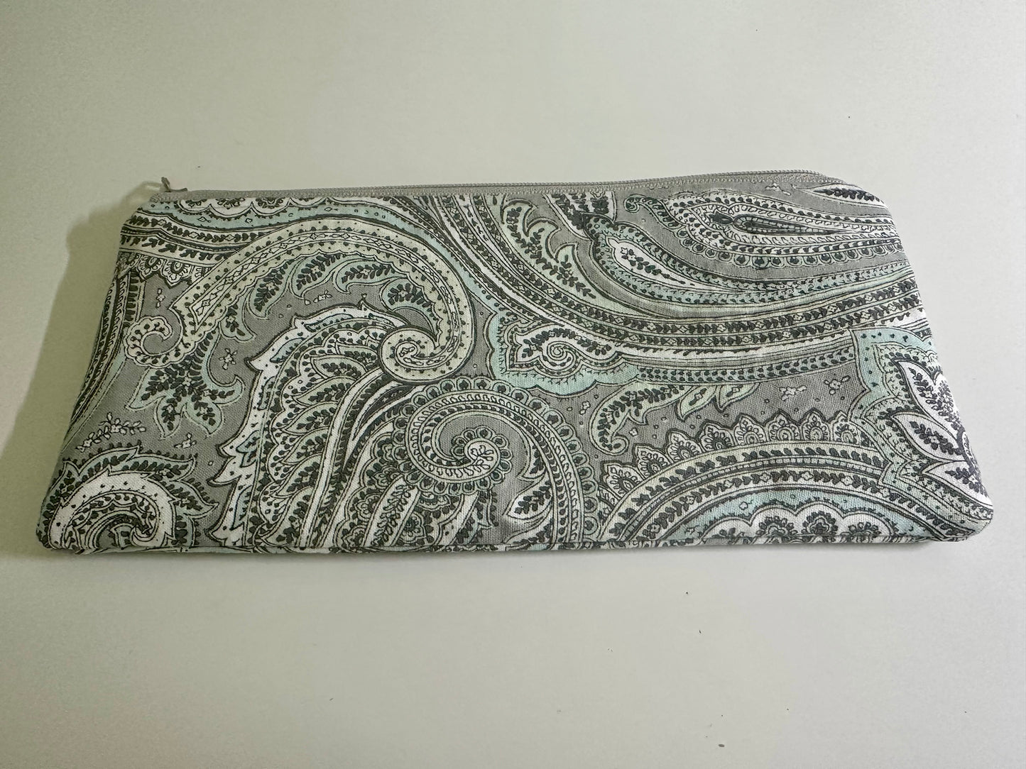 Zippered Pouch - Gray & Mint Paisley